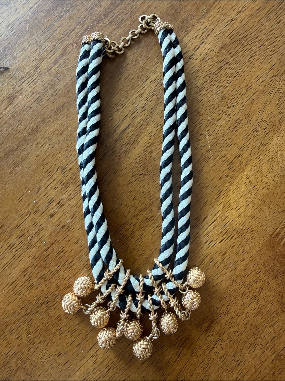 Stella & Dot Black and Cream Rope Necklace with Gold Ball Drops